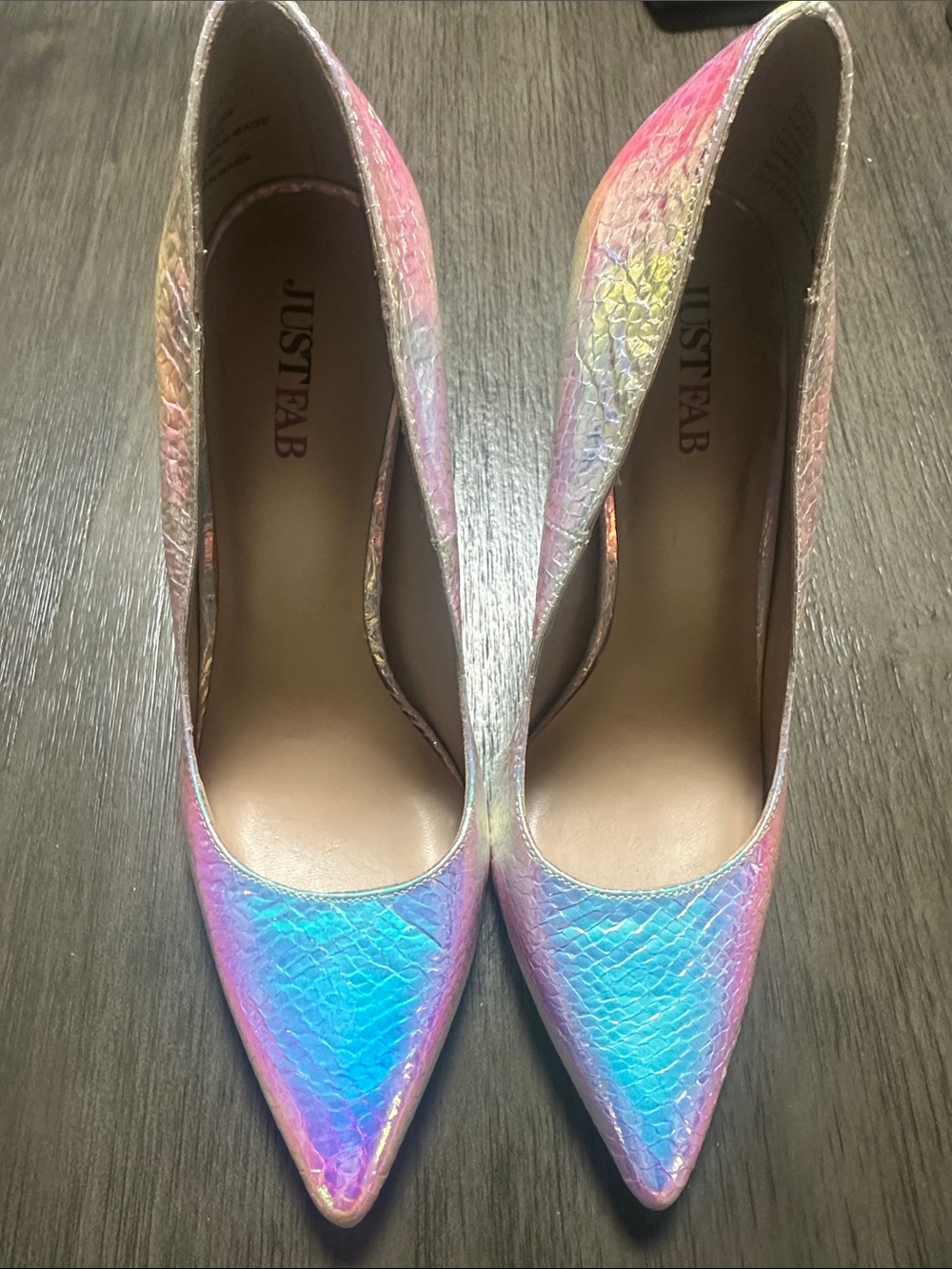 JustFab Iridescent Pointed Toe Pumps in Pink and Blue